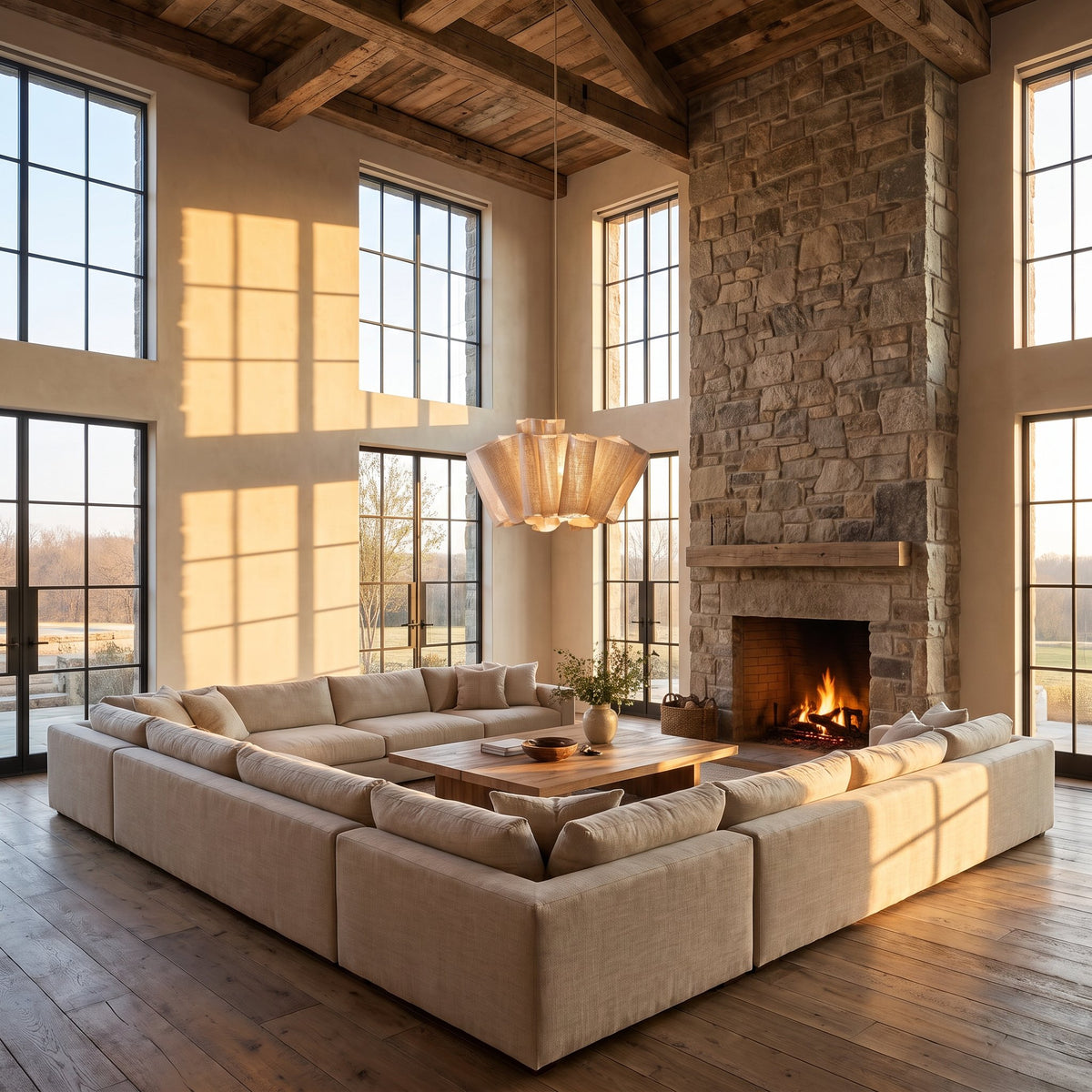 Pleated Wave Linen LED Pendant Light, Ø80 cm, in a double-height living room with a stone fireplace