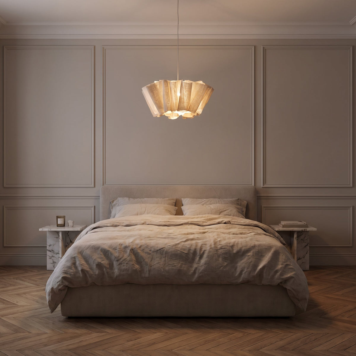 Pleated Wave Linen LED Pendant Light, Ø40 cm, glowing warm white in a panelled bedroom