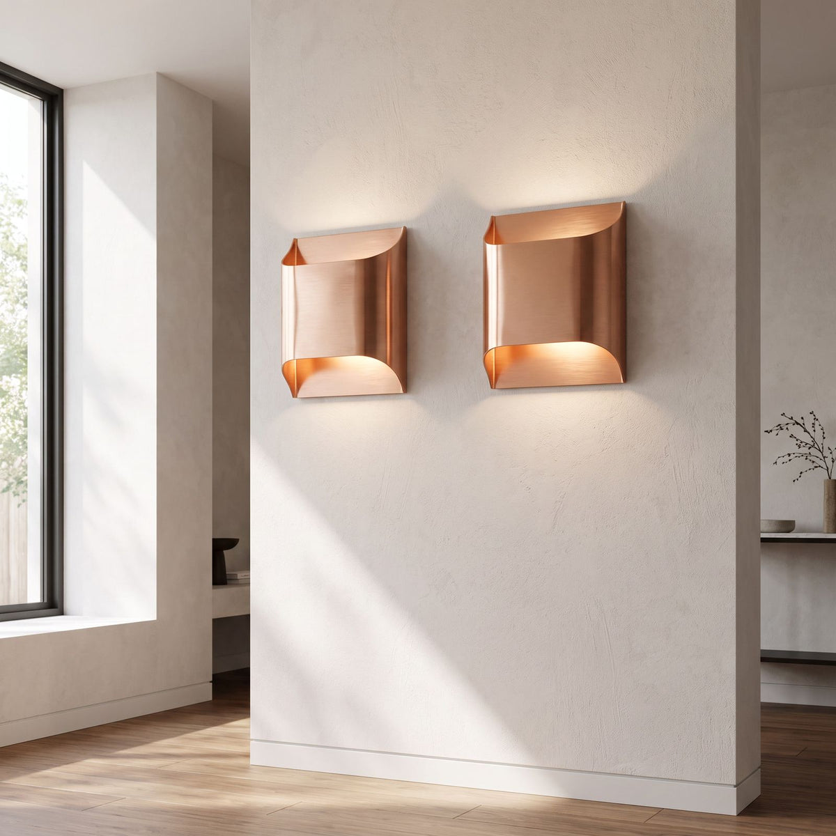 Polished Copper Double LED Wall Light in a pair on a wall of an Australian home