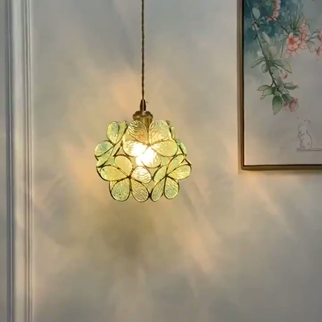 Glass Blossom Cluster Pendant Light lit in green, pink and clear, with a close view of the glass petals