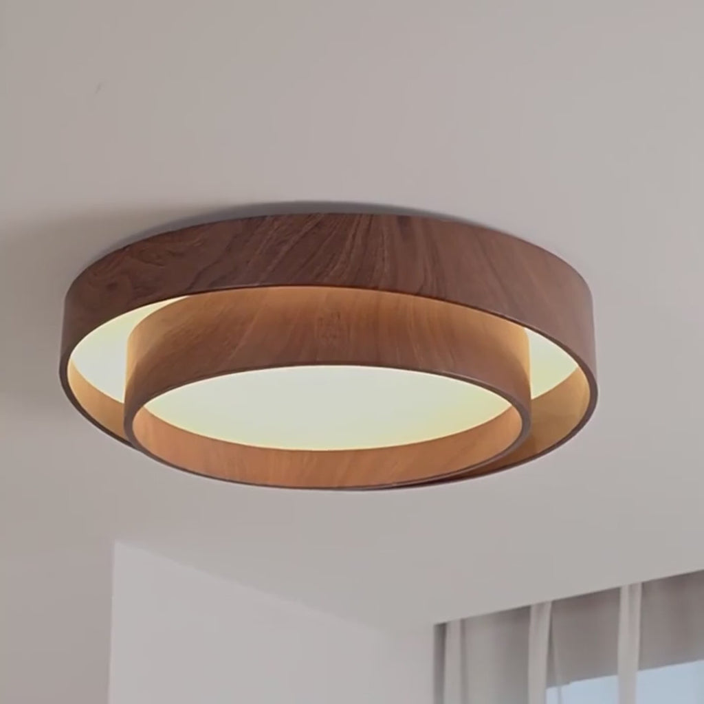 Walnut-Look Acrylic LED Ceiling Light switching between warm, neutral and white light