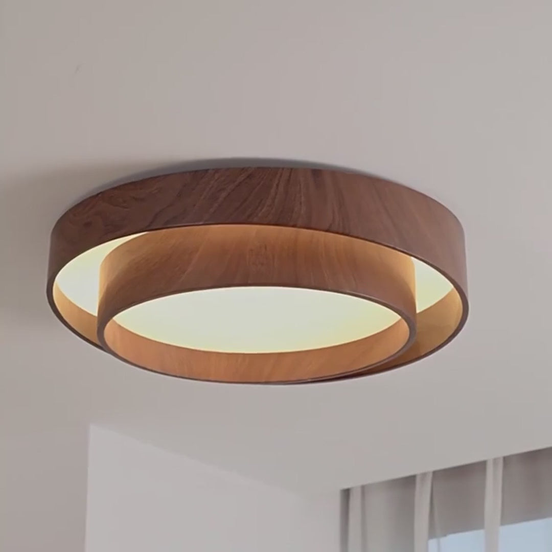 Walnut-Look Acrylic LED Ceiling Light switching between warm, neutral and white light