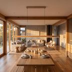 Slim Wood Bar Linear LED Pendant Light shown over a dining table, kitchen island, living room, home office and in close-up