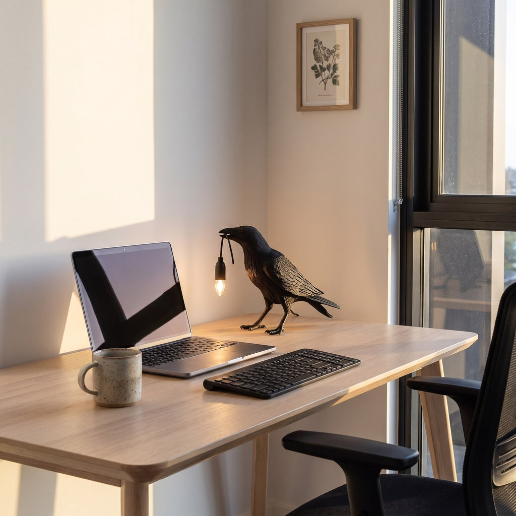 Raven Sculpture Resin Table Lamp beside a laptop on a home office desk