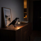 Raven Sculpture Resin Table Lamp glowing on a walnut sideboard at night