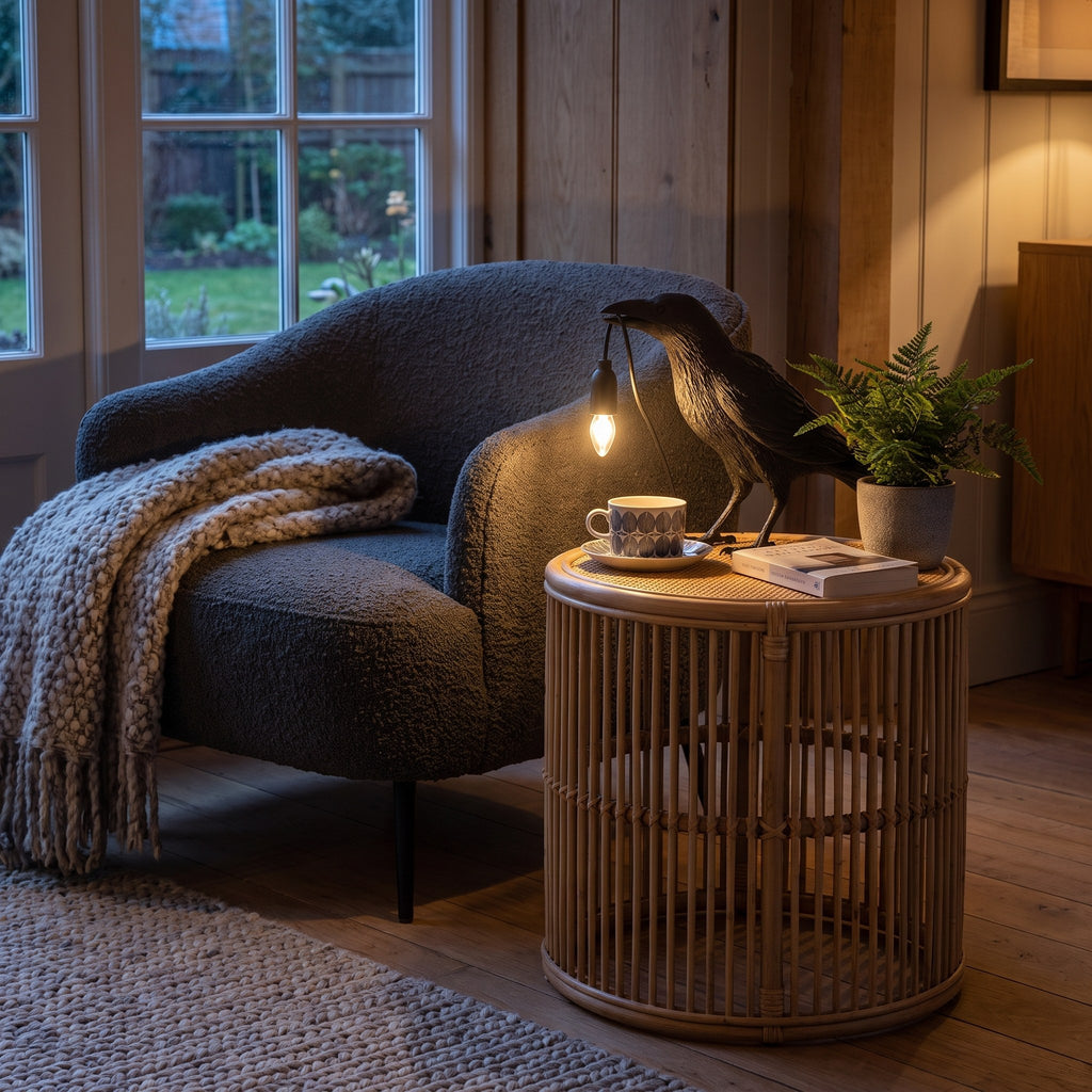 Raven Sculpture Resin Table Lamp on a rattan side table beside an armchair at dusk
