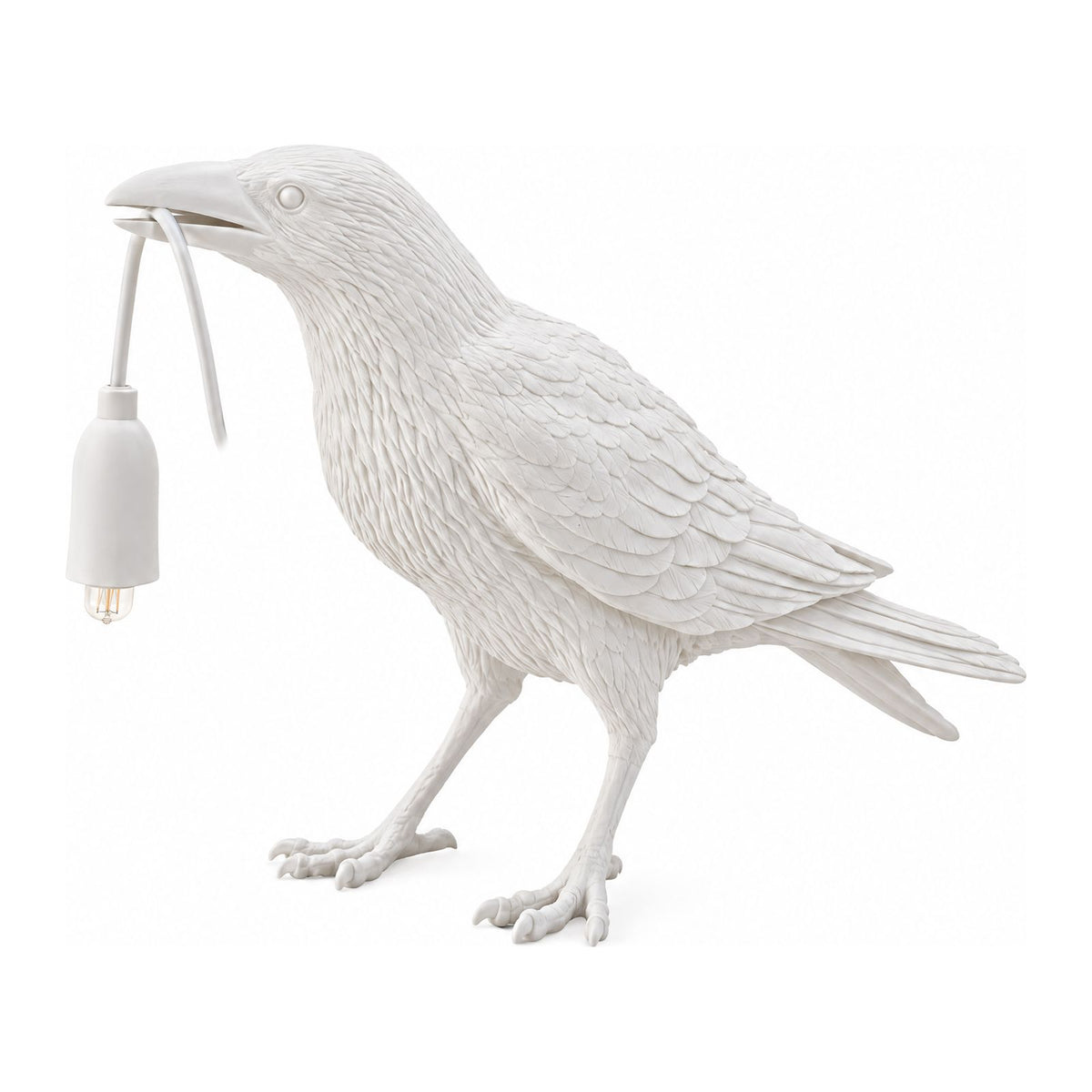 Raven Sculpture Resin Table Lamp in white resin on a white background