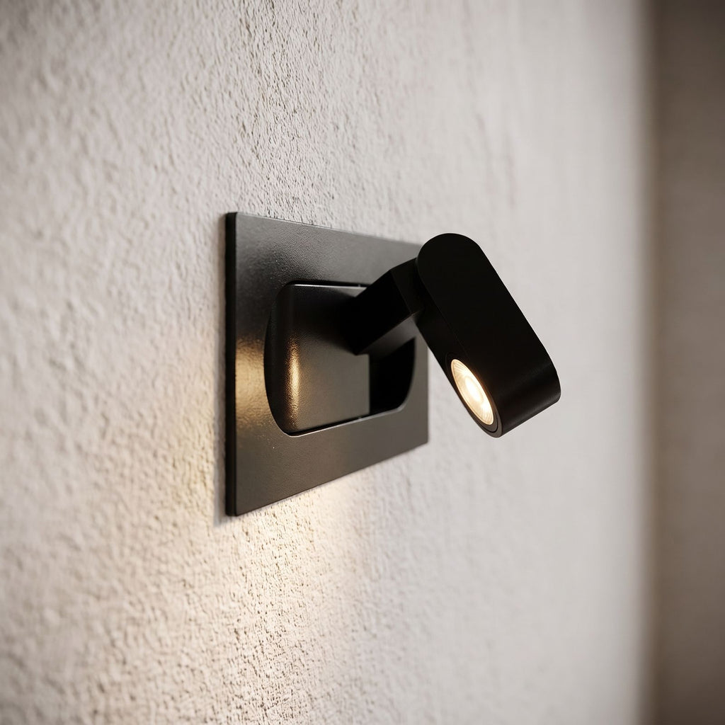 Recessed Pop-Out Bedside Reading Wall Light, close view at 45 degrees on a plaster wall