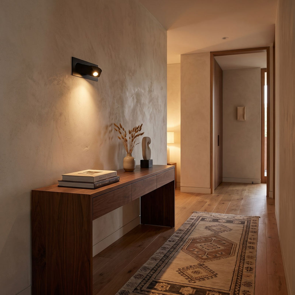 Recessed Pop-Out Bedside Reading Wall Light in a hallway above a timber console