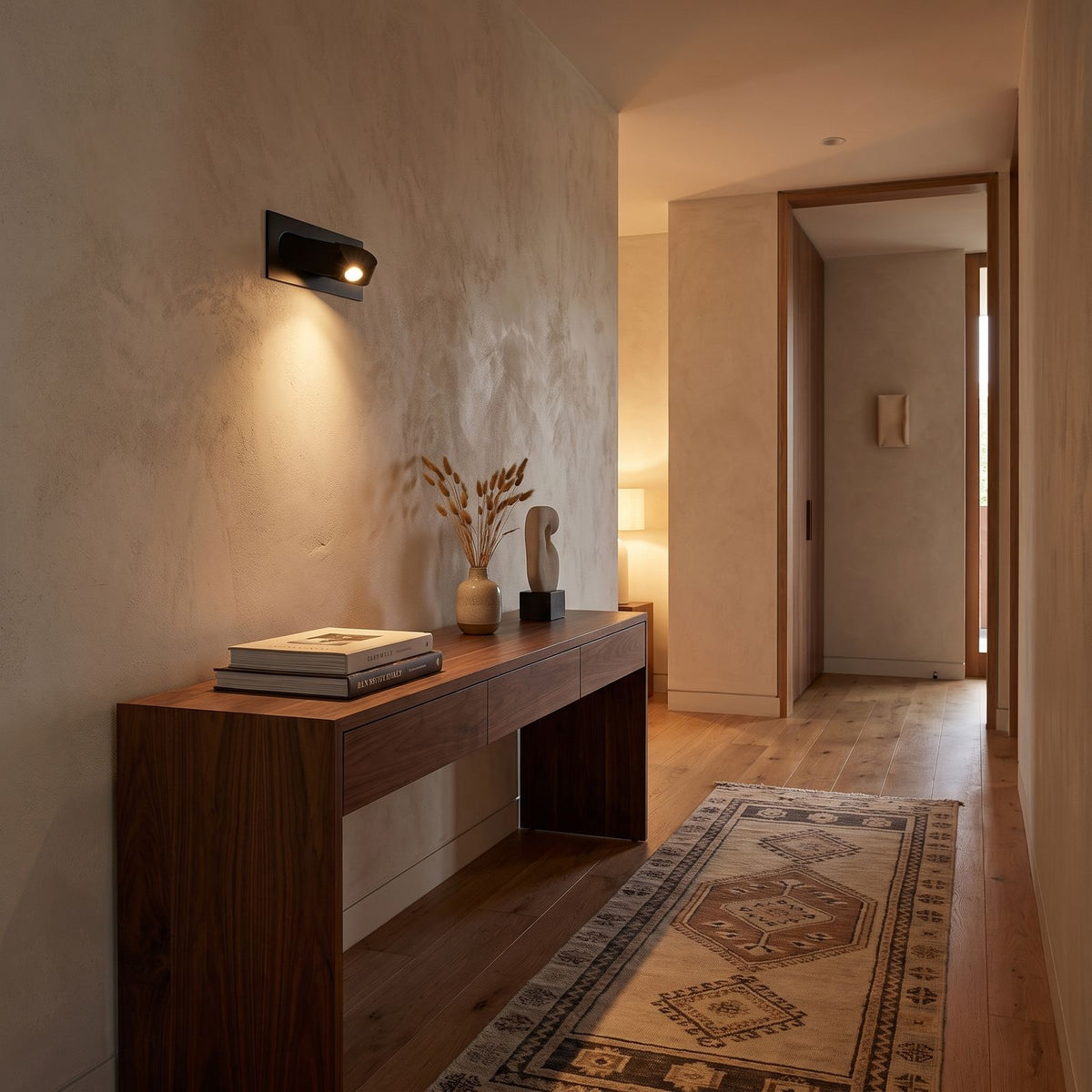 Recessed Pop-Out Bedside Reading Wall Light in a hallway above a timber console