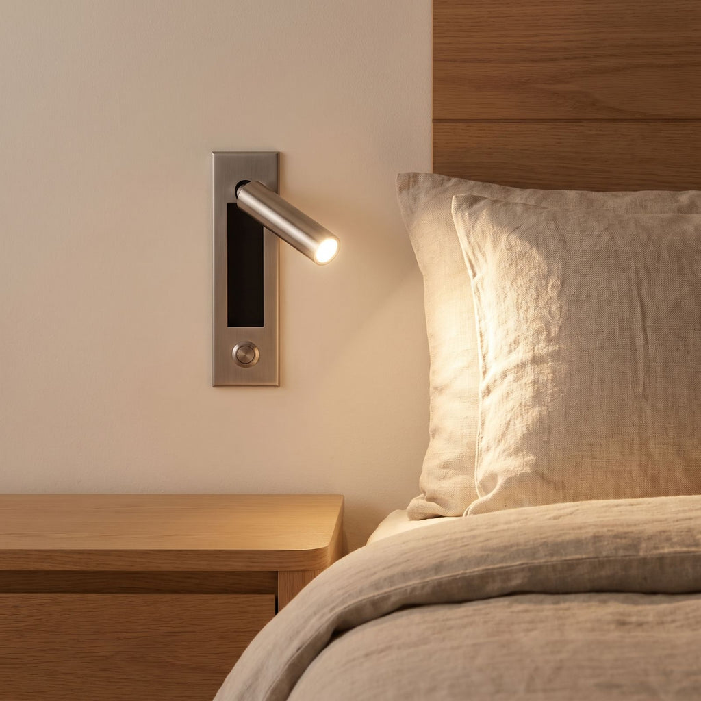 Recessed Swivel Tube Bedside Reading Wall Light beside a bed