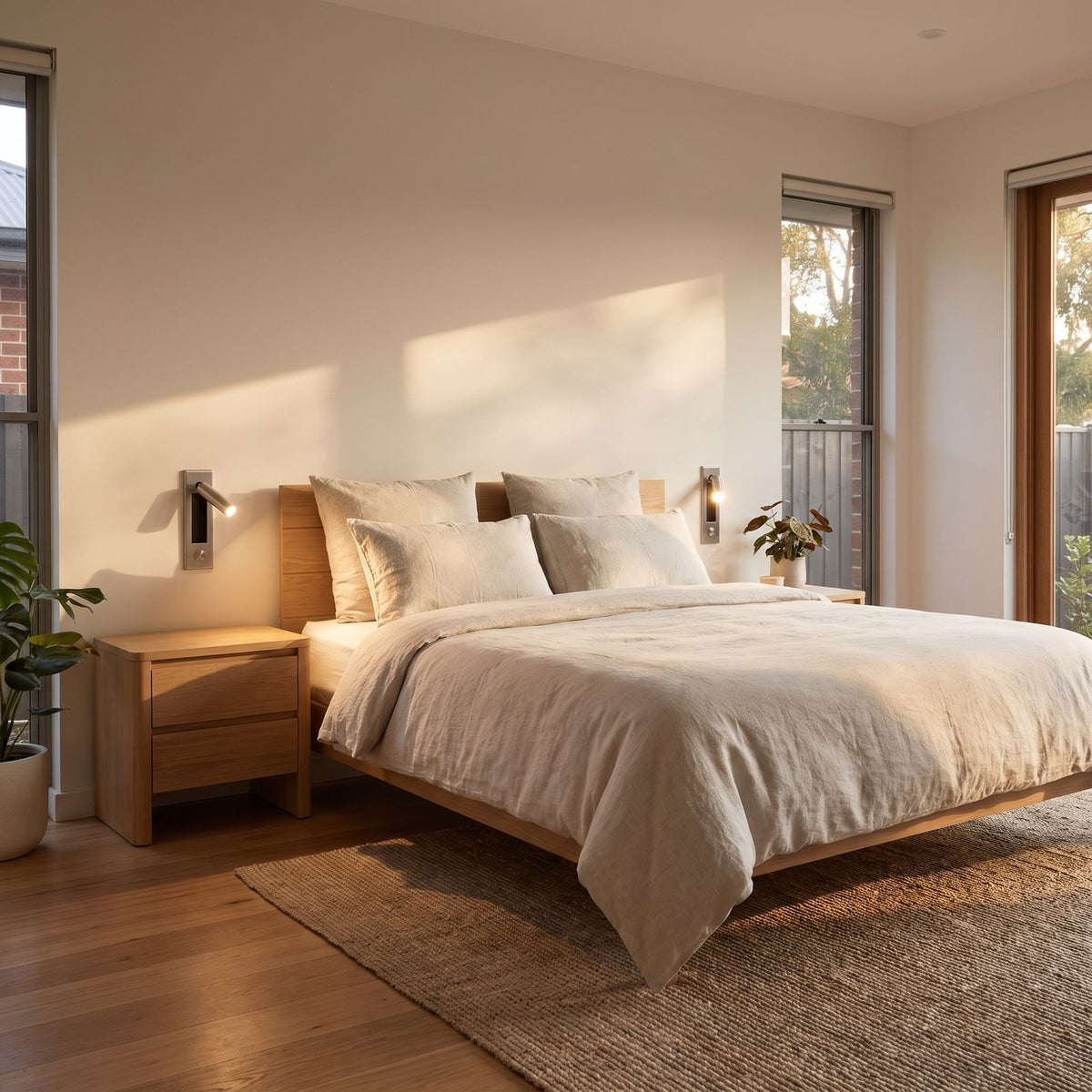 Recessed swivel tube reading wall light either side of a bed, wide view