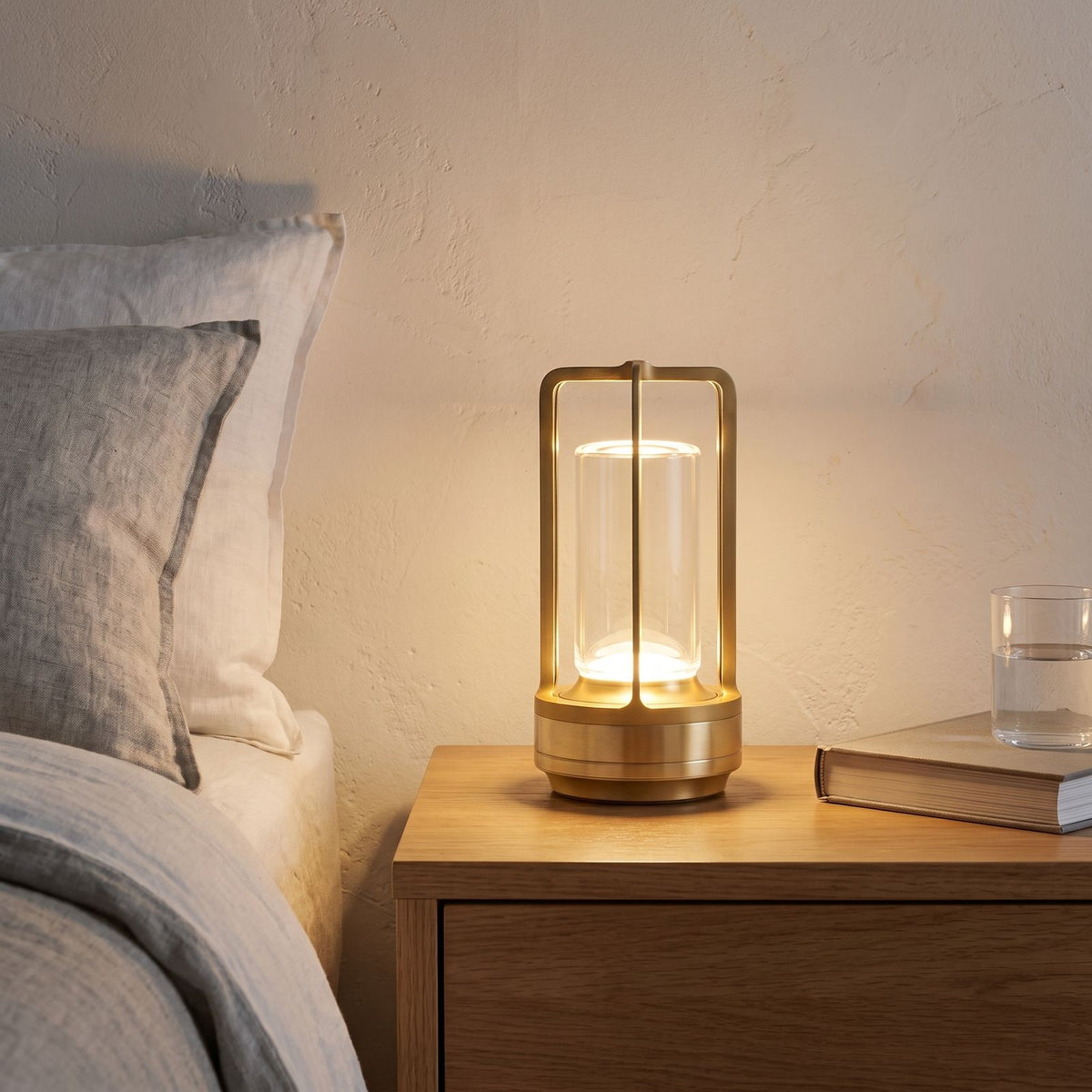Rechargeable Clear Cylinder Lantern Table Lamp on a bedside table