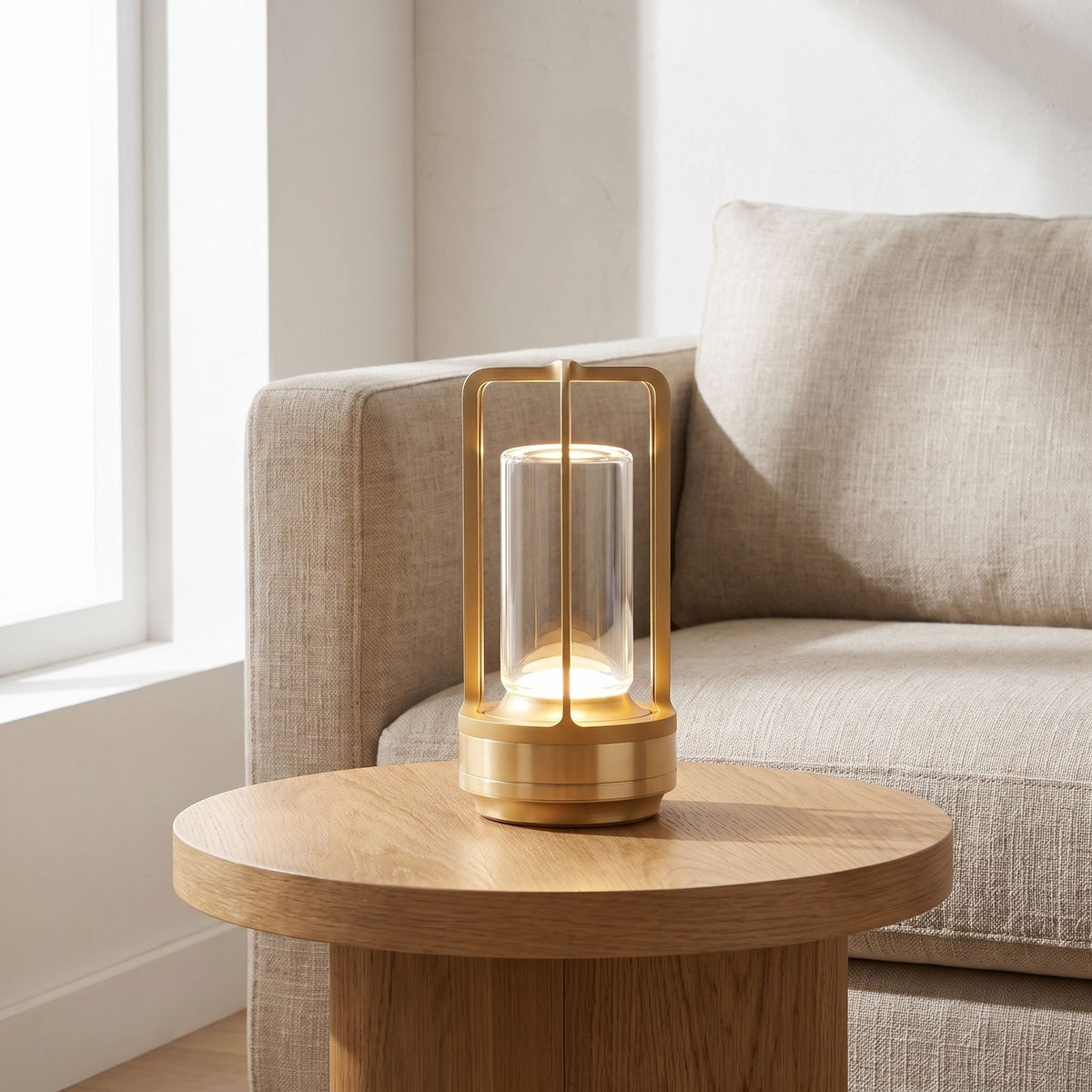Rechargeable cylinder lantern table lamp on a side table beside a sofa in daylight