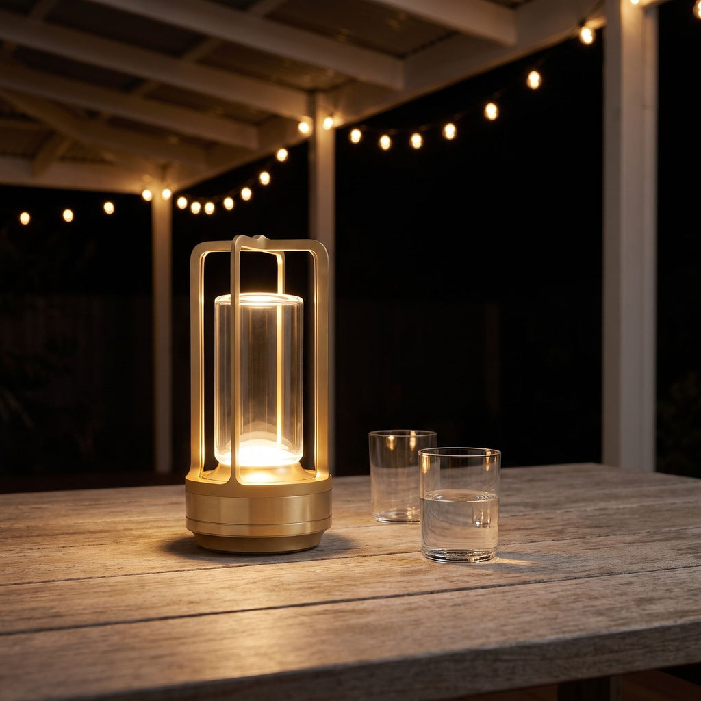 Rechargeable cylinder lantern table lamp on a patio table at night