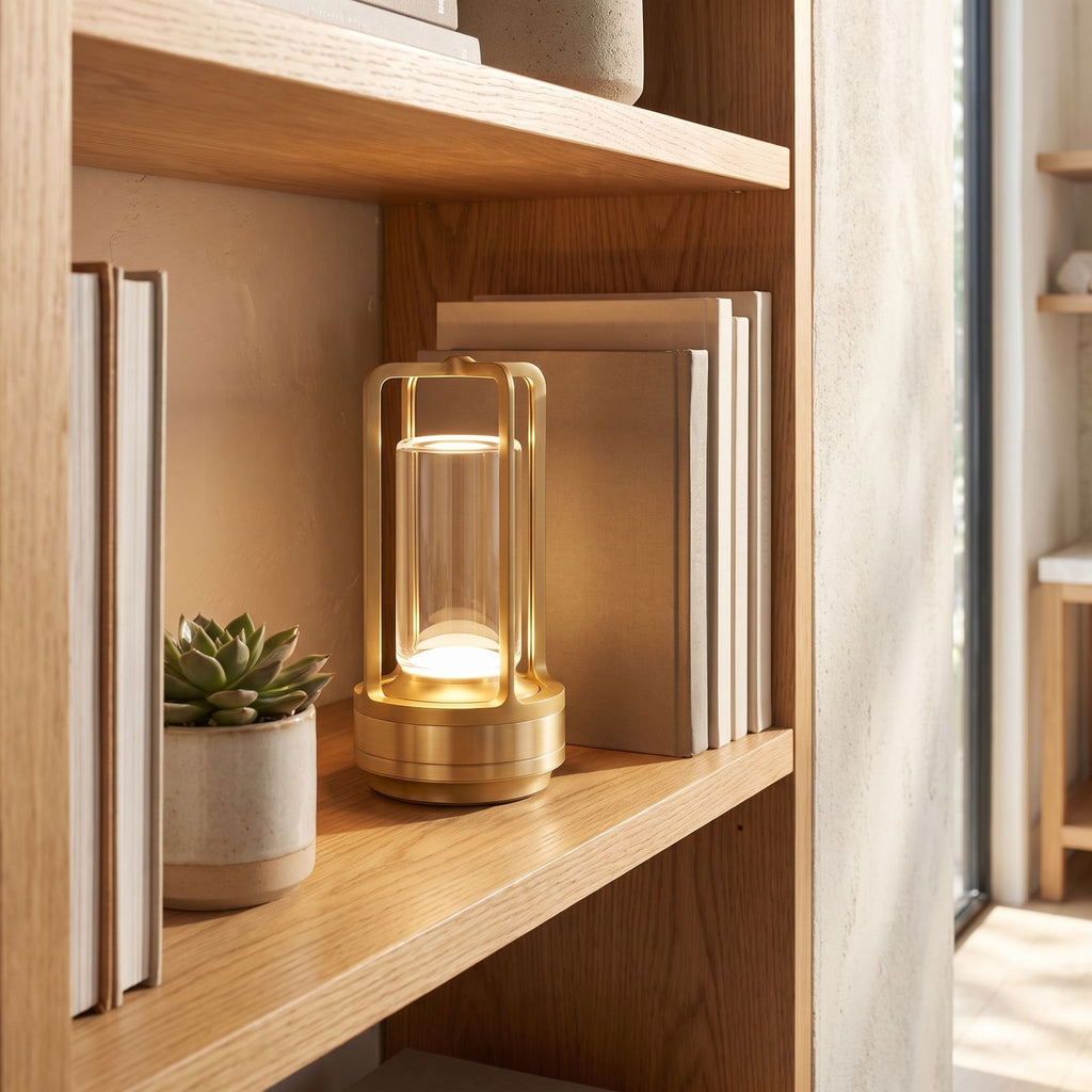Rechargeable cylinder lantern table lamp on an open shelf in daylight