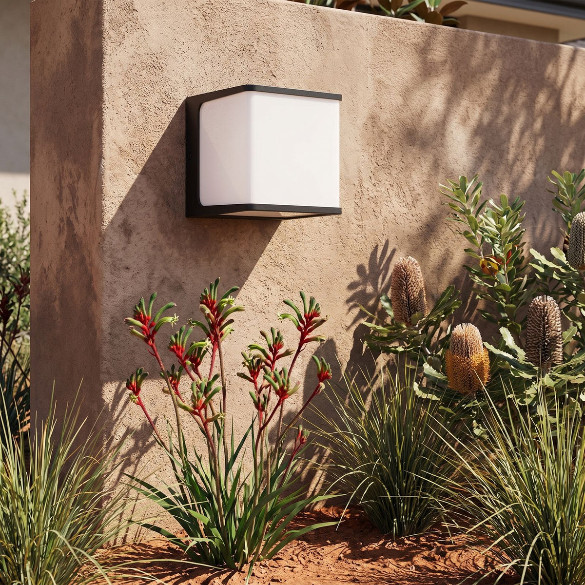 Rectangular Acrylic Solar Outdoor Wall Light beside a timber front door
