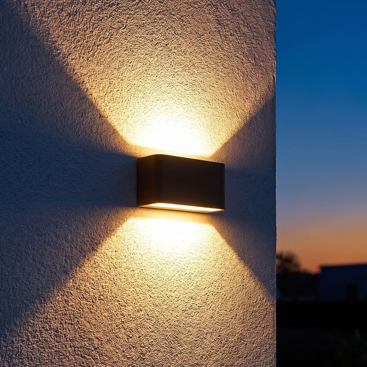 Rectangular Acrylic Up Down Outdoor Wall Light on a porch wall at dusk
