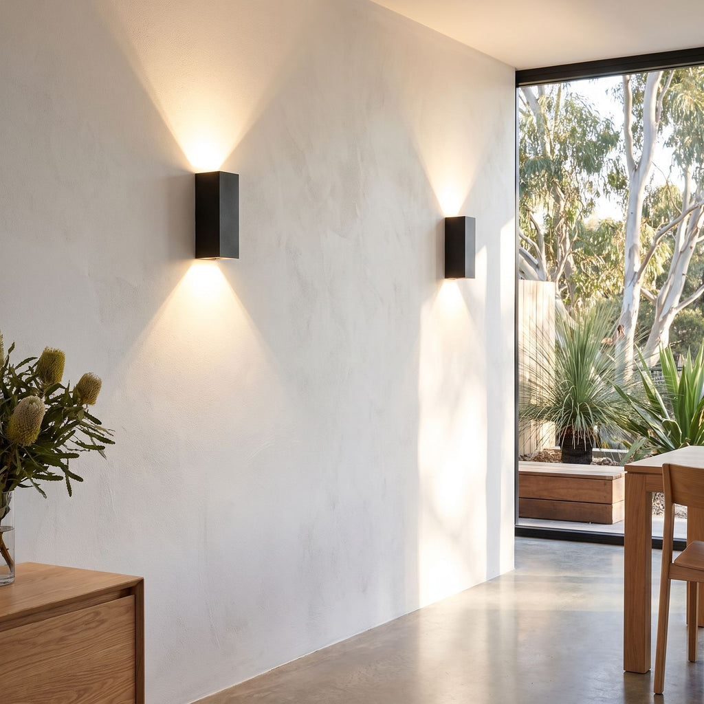 Rectangular Aluminium and Glass Up-Down Wall Light in a pair on a wall of an Australian home