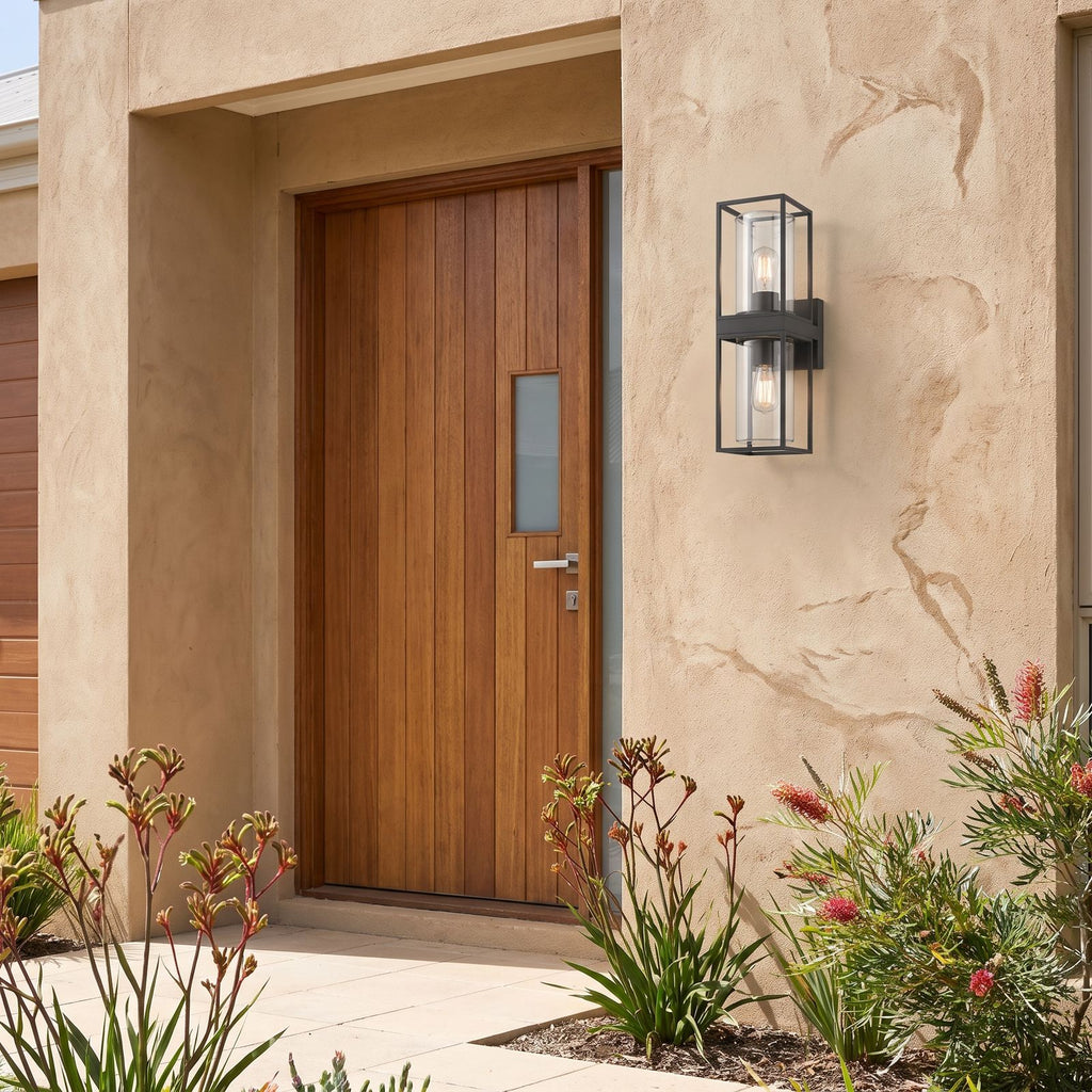 Rectangular Black Metal and Glass Outdoor Wall Light beside a timber front door