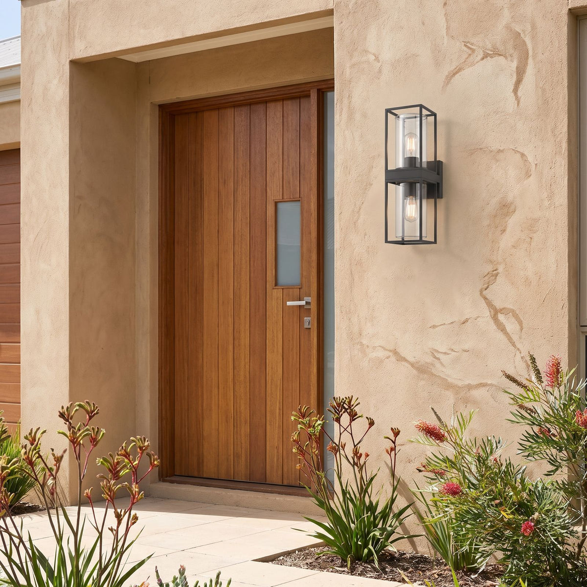 Rectangular Black Metal and Glass Outdoor Wall Light beside a timber front door