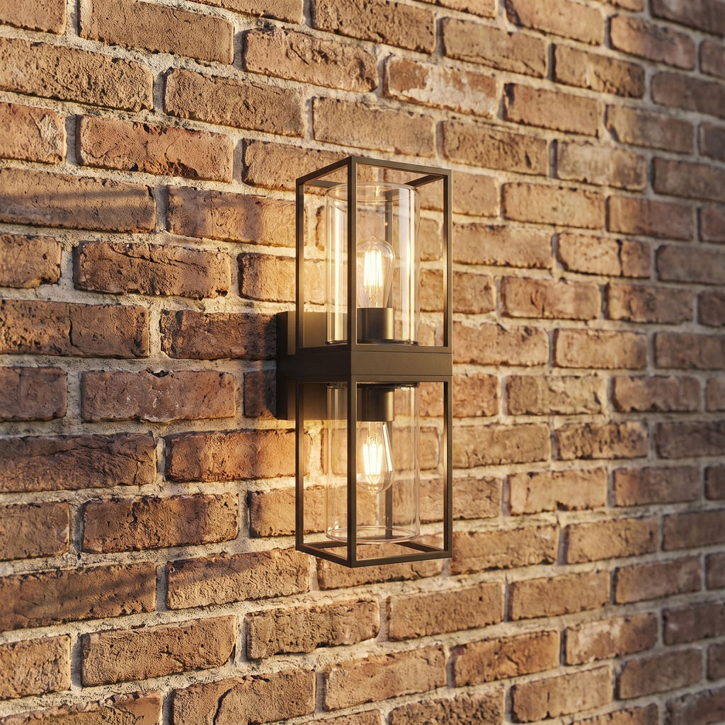 Rectangular Black Metal and Glass Outdoor Wall Light, close view at 45 degrees on a stone wall