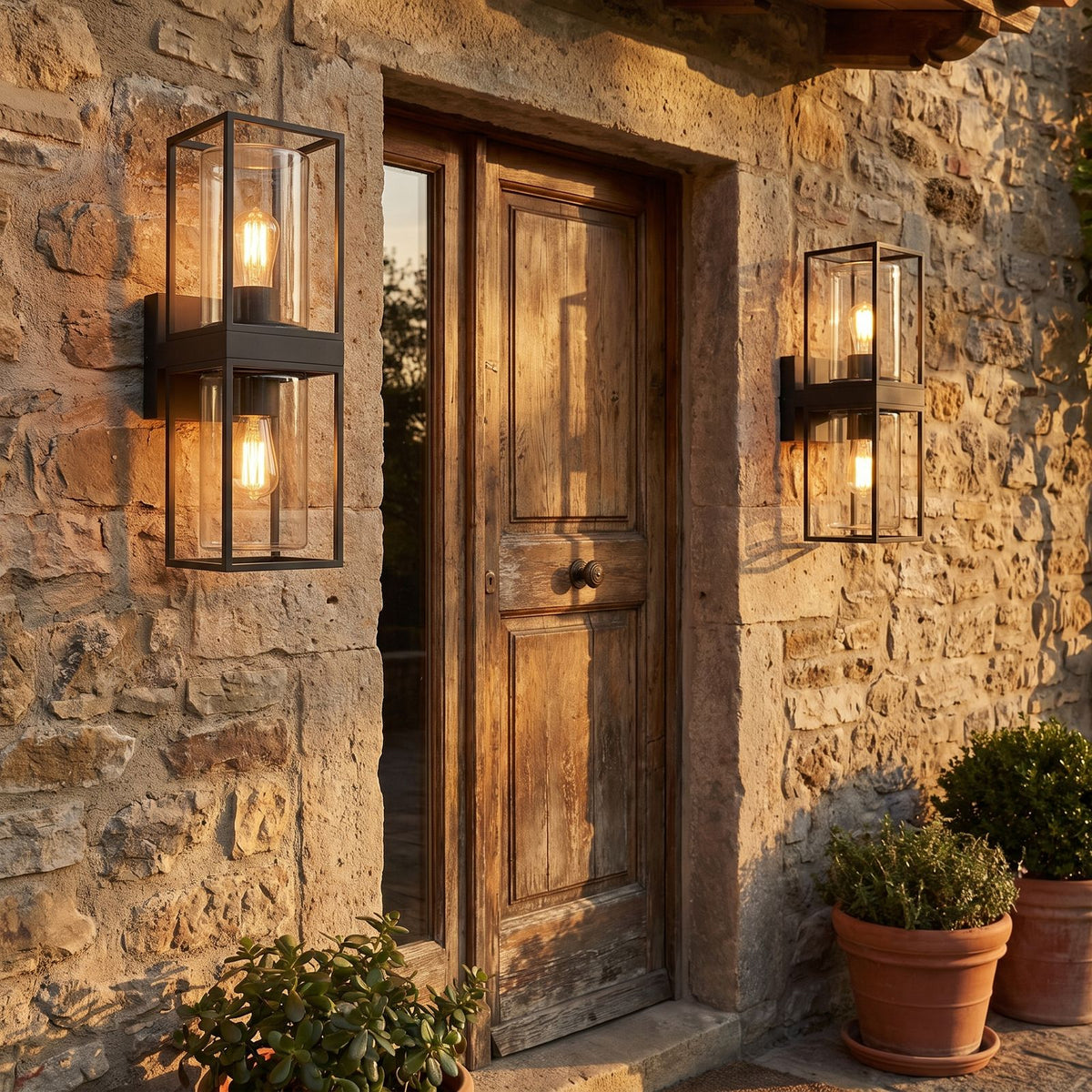 Rectangular Black Metal and Glass Outdoor Wall Light in a pair on the facade of an Australian home