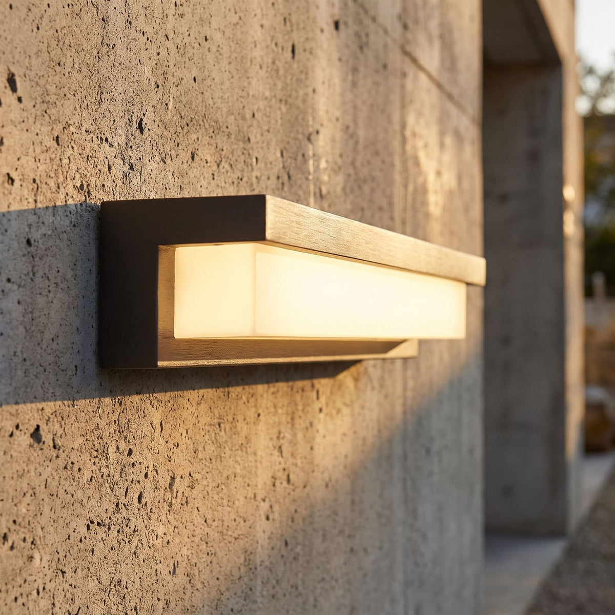 Rectangular Metal and Acrylic Outdoor Wall Light, close view at 45 degrees on a stone wall