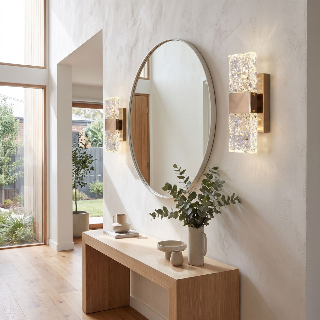Rectangular Textured Crystal Up Down Wall Light in a pair on a wall of an Australian home