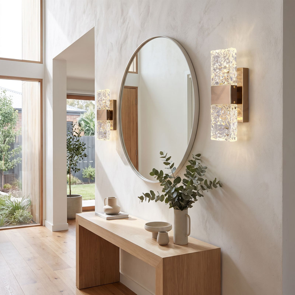 Rectangular Textured Crystal Up Down Wall Light in a pair on a wall of an Australian home