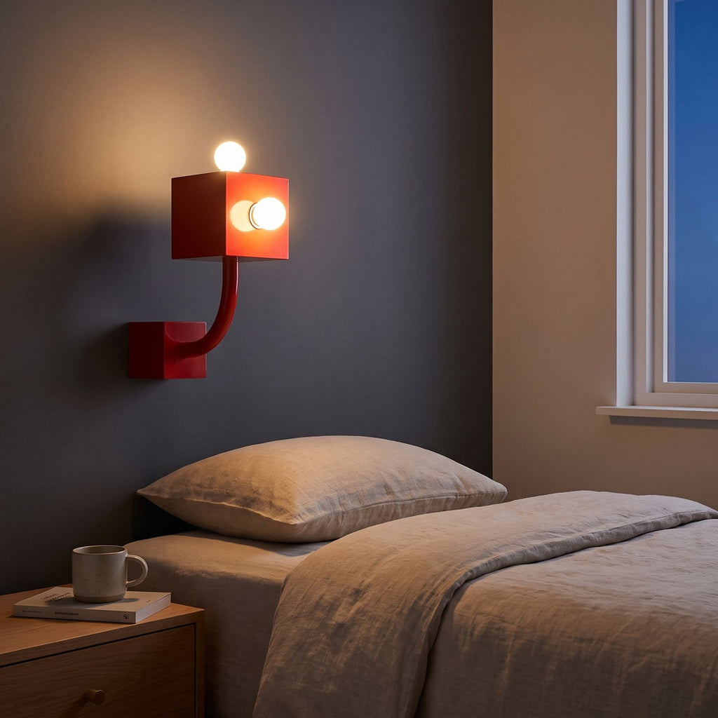 Red Iron Cube Wall Light in a hallway above a timber console