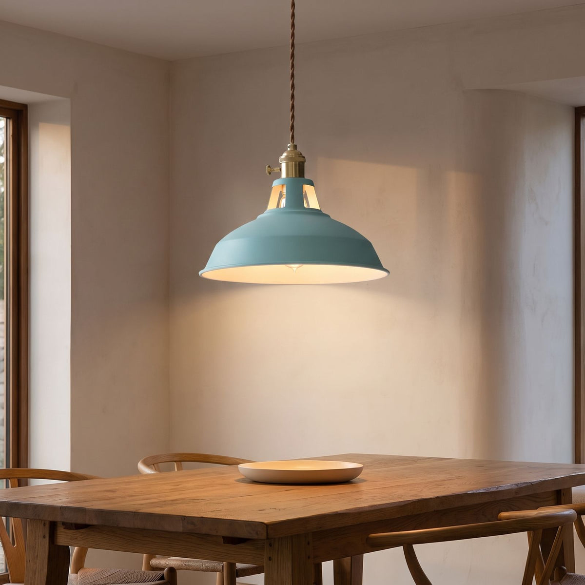 Retro Barn Shade Matte Aluminium Pendant Light above a dining table
