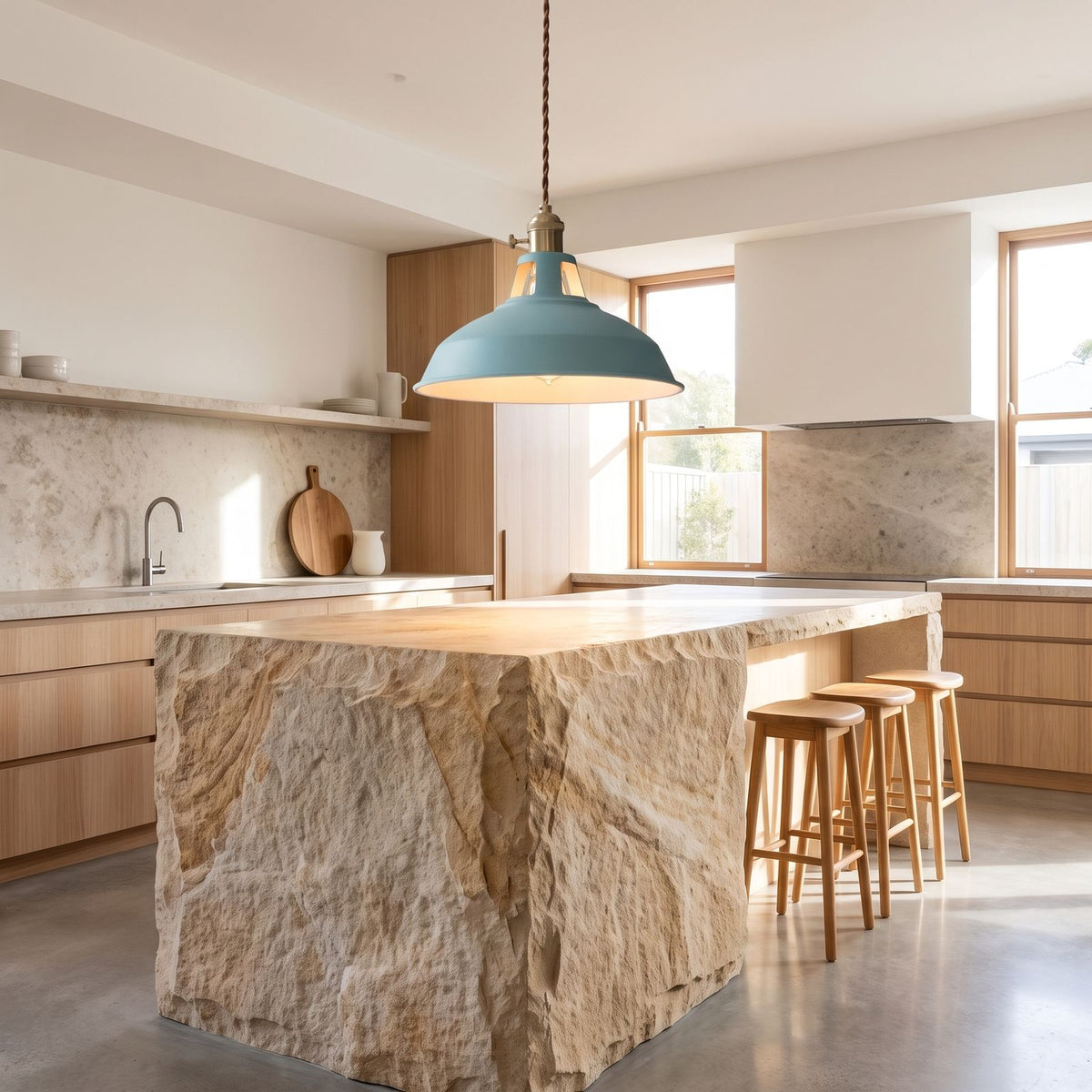 Retro barn shade aluminium pendant light over a kitchen island in daylight
