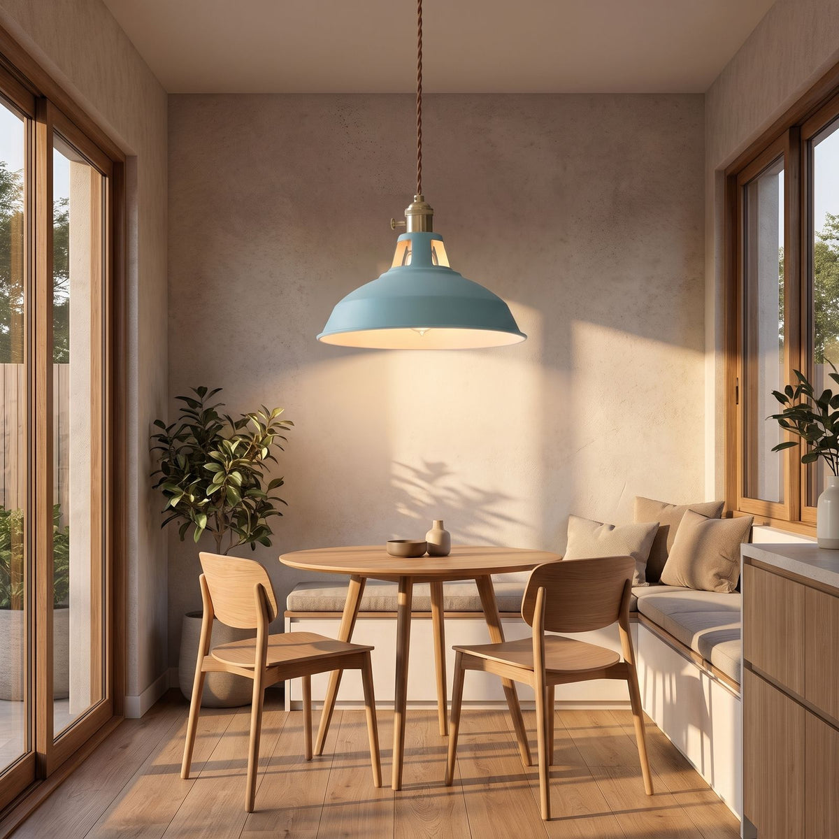 Retro barn shade aluminium pendant light in a wide breakfast nook view