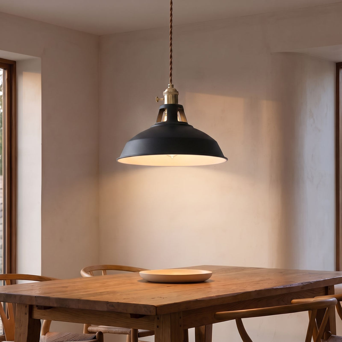 Retro Barn Shade Matte Aluminium Pendant Light in black above a dining table
