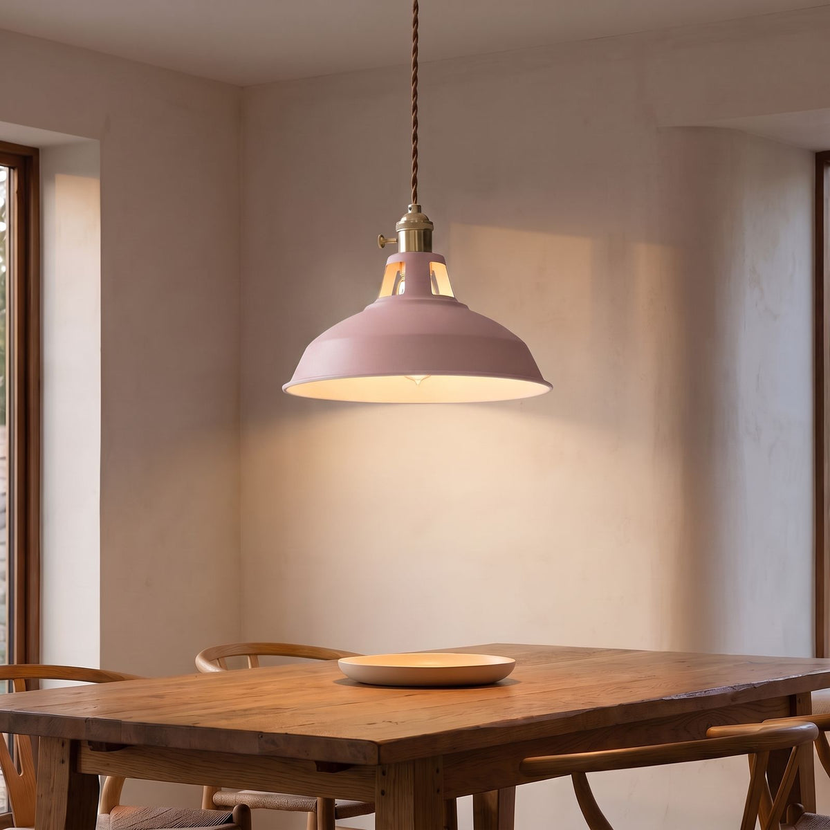 Retro Barn Shade Matte Aluminium Pendant Light in pink above a dining table
