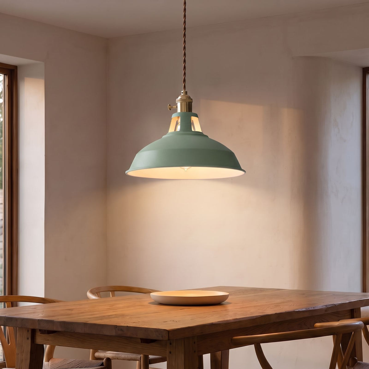 Retro Barn Shade Matte Aluminium Pendant Light in green above a dining table