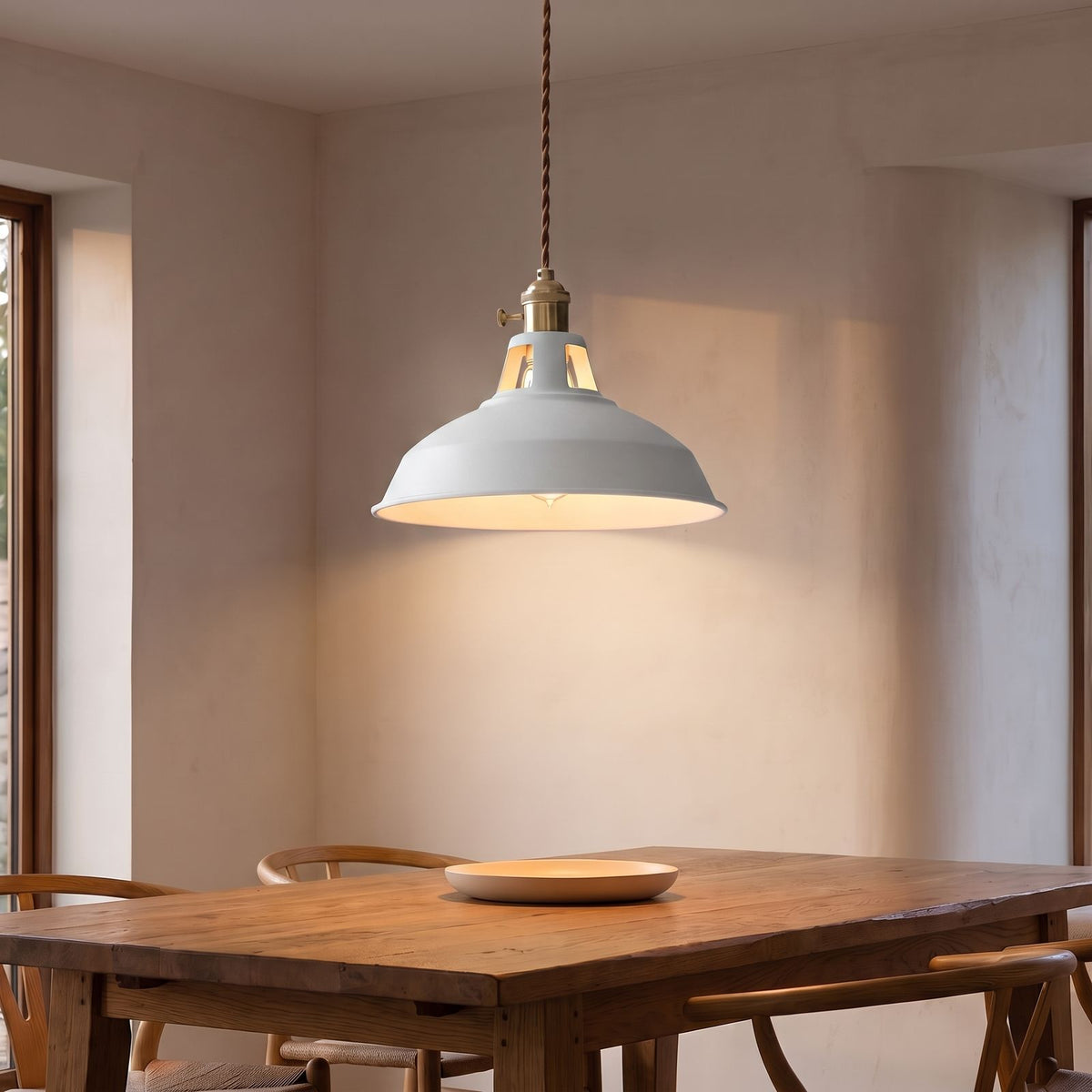 Retro Barn Shade Matte Aluminium Pendant Light in white above a dining table
