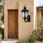 Retro Black Frosted Glass Outdoor Wall Light beside a timber front door
