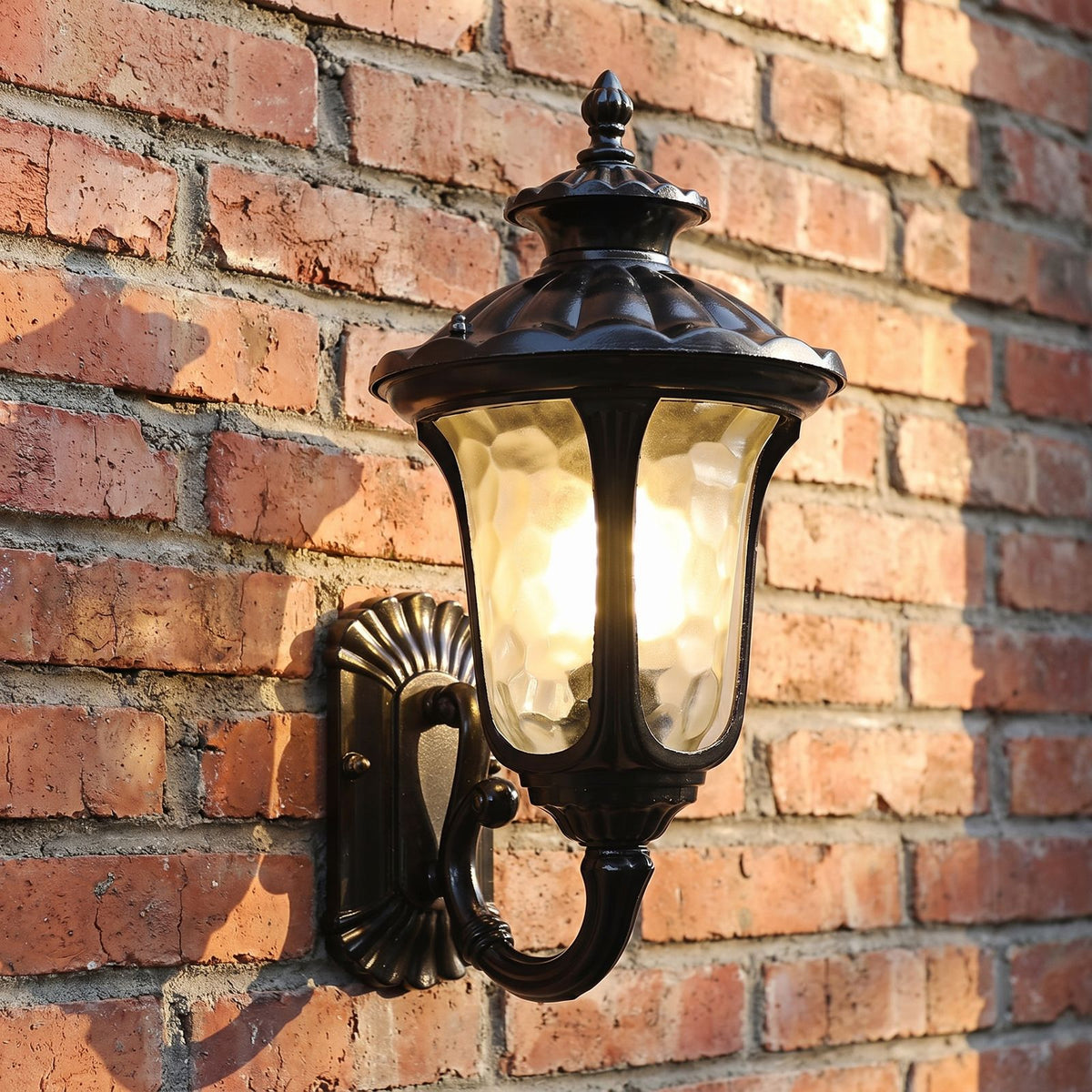 Retro Black Frosted Glass Outdoor Wall Light, close view at 45 degrees on a stone wall