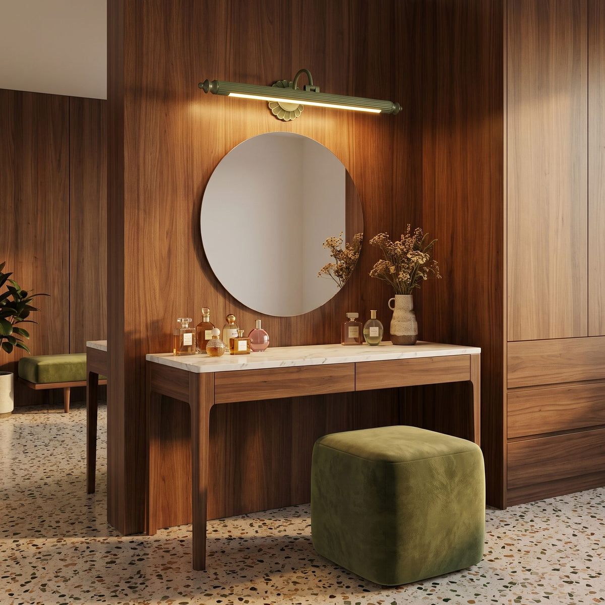 Retro Floral Bronze Cylinder LED Vanity Wall Light above the mirror of a dressing table
