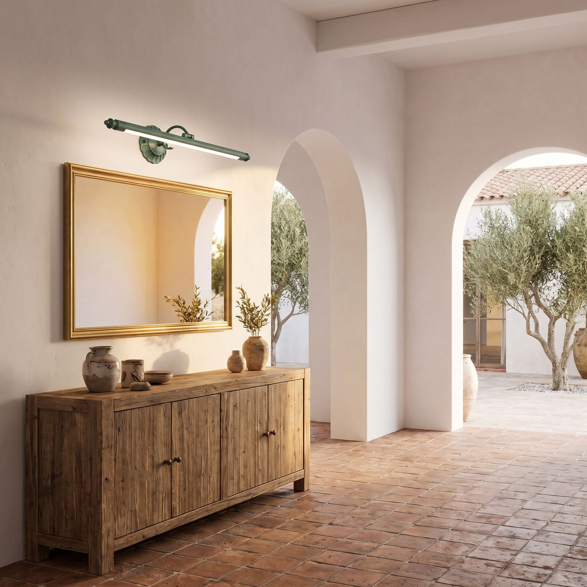 Retro Floral Bronze Cylinder LED Vanity Wall Light 90 cm above a mirror in an entry hall
