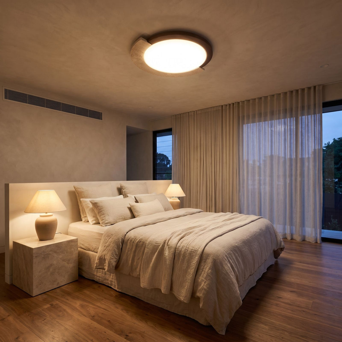 Retro Geometric Stone and Wood Ceiling Light on a bedroom ceiling