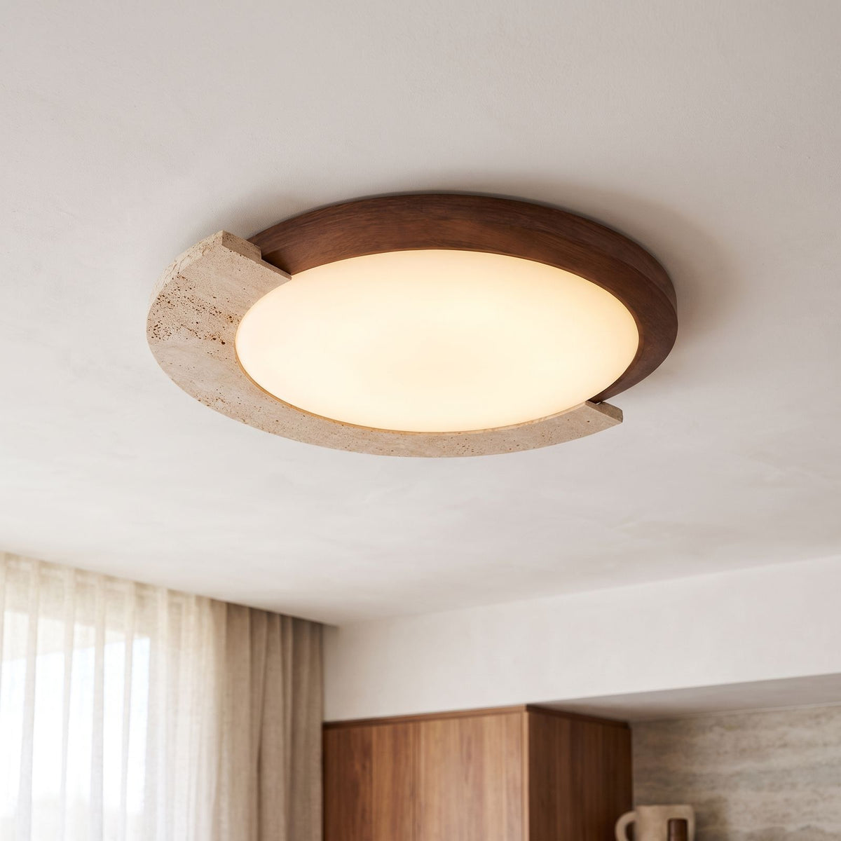 Retro Geometric Stone and Wood Ceiling Light, close view from below