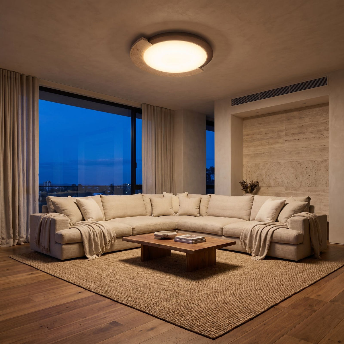 Retro Geometric Stone and Wood Ceiling Light on a living room ceiling