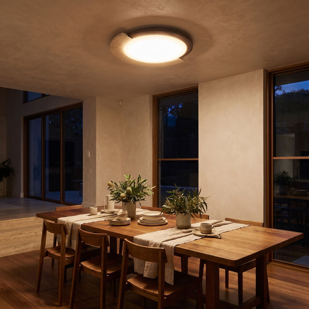 Retro Geometric Stone and Wood Ceiling Light above a dining area