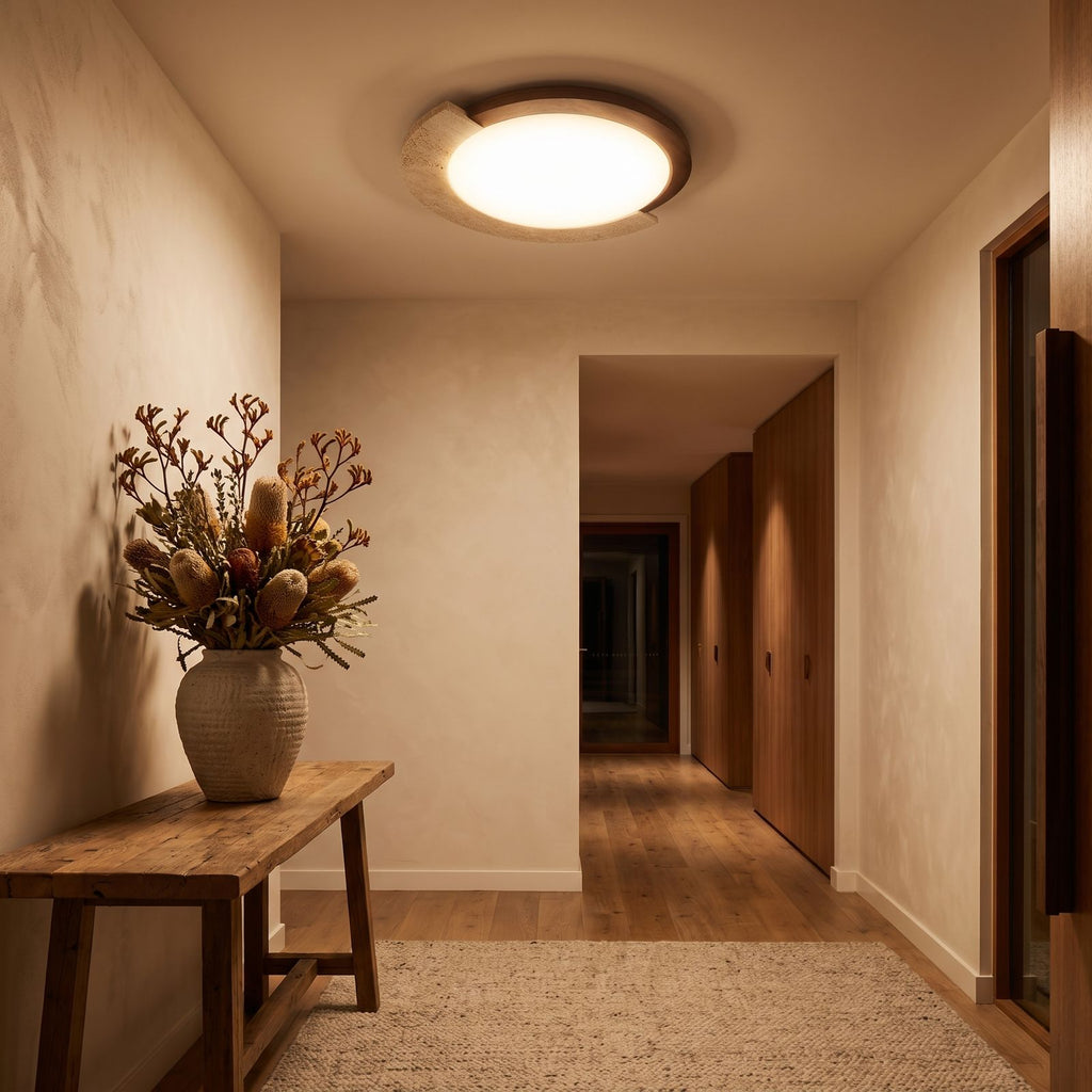 Retro Geometric Stone and Wood Ceiling Light in an entry foyer