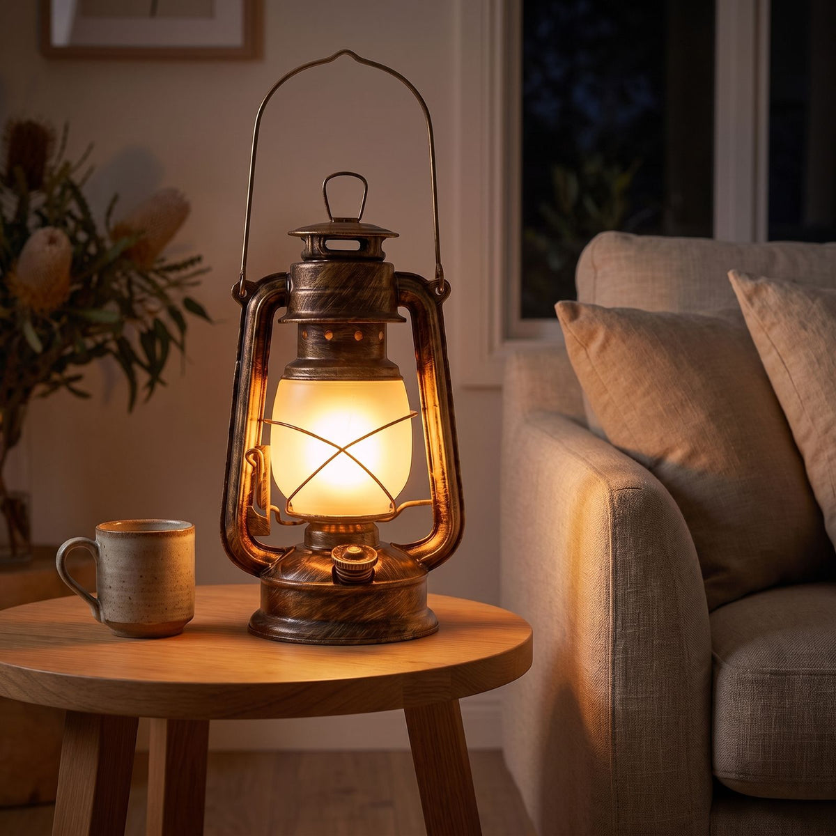Retro iron lantern table lamp on a side table beside a sofa