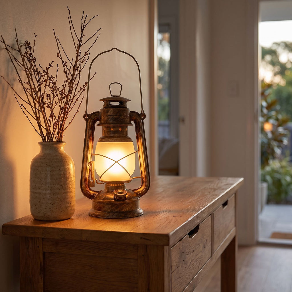 Retro iron lantern table lamp on an entry console