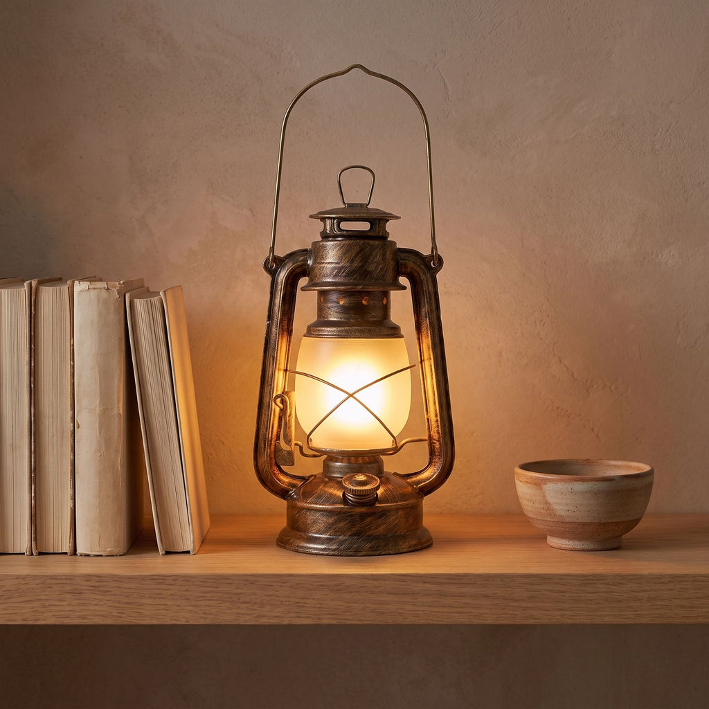 Retro iron lantern table lamp on an oak shelf beside books